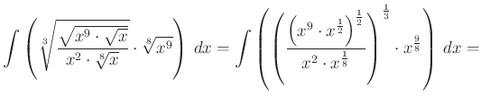$\displaystyle \int\left(\sqrt[3]{\dfrac{\sqrt {x^{9}\cdot \sqrt x } }{x^{2}\cdo...
...2}\cdot x^{\frac{1}{8}}}\right)^{\frac{1}{3}}\cdot x^{\frac{9}{8}}\right)\,dx=
$