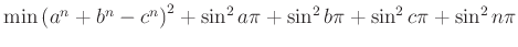 $ \min \left( a^n + b^n - c^n\right)^2 + \sin^2 a\pi + \sin^2 b\pi + \sin^2
c\pi + \sin^2 n\pi$