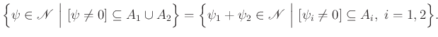 $\displaystyle \Big\{\psi\in\mathscr{N}~\Big\vert~[\psi\neq0]\subseteq A_1\cup A...
...psi_1+\psi_2\in\mathscr{N}~\Big\vert~[\psi_i\neq0]\subseteq A_i,~i=1,2\Big\}.
$