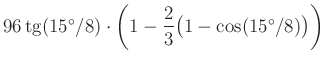 $ 96\operatorname{tg}(15^{\circ}/8)\cdot \left(1-\dfrac{2}{3}\big(1-\cos(15^{\circ}/8)\big)\right)$