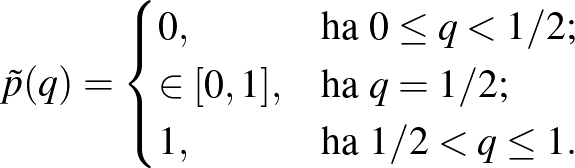 $\displaystyle \tilde p(q)=\begin{cases}0,&\text{ha }0\le q< 1/2;\\
\in [0,1],&\text{ha }q= 1/2;\\
1,&\text{ha }1/2<q\le 1.\end{cases}
$