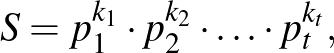 $\displaystyle S=p_1^{k_1} \cdot p_2^{k_2} \cdot\ldots \cdot p_t^{k_t},
$
