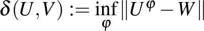 $\delta(U,V):=\inf\limits_{\varphi}\Vert U^{\varphi}-W\Vert$