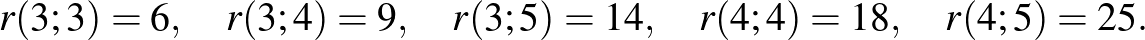 $\displaystyle r(3;3)=6, \quad r(3;4)=9, \quad r(3;5)=14, \quad r(4;4)=18, \quad r(4;5)=25.
$