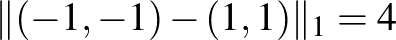 $\Vert(-1,-1)-(1,1)\Vert _1=4$