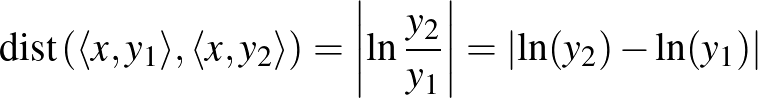 $\displaystyle \operatorname{dist}\left(\langle x,y_1\rangle,\langle x,y_2\rangl...
...left\vert\ln\frac{y_2}{y_1}\right\vert=\left\vert\ln(y_2)-\ln(y_1)\right\vert
$