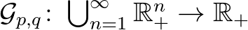 $\mathcal{G}_{p,q}\colon \bigcup_{n=1}^\infty \mathbb{R}_+^n\to\mathbb{R}_+$
