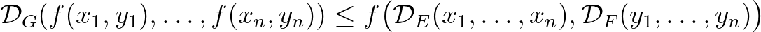 $\displaystyle \mathcal{D}_G(f(x_1,y_1),\dots,f(x_n,y_n))
\leq f\big(\mathcal{D}_E(x_1,\dots,x_n),\mathcal{D}_F(y_1,\dots,y_n)\big)
$