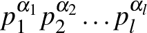 $\displaystyle p_1^{\alpha_1}p_2^{\alpha_2}\ldots p_l^{\alpha_l}
$